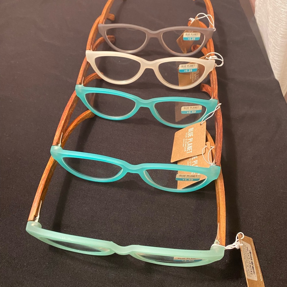 Blue Planet Eco Eyewear Readers. Ladies, lightweight, handmade, wooden temples.